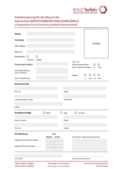 Aufnahmeantrag - Gestrecktes Berufsvorbereitungsjahr in kooperativer Form in der Fachrichtung Metall-/Elektrotechnik