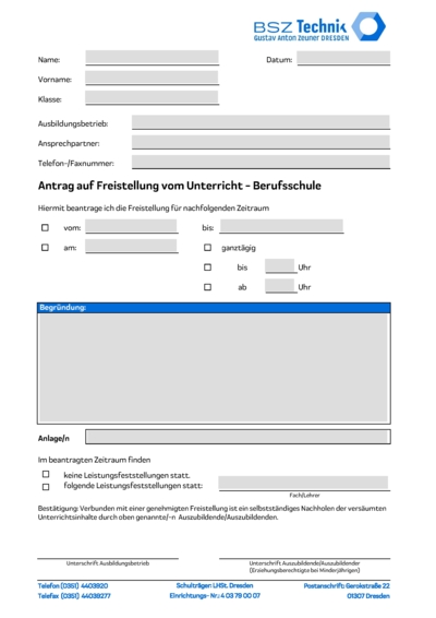 Freistellungsantrag Berufsschule - Bitte die Bearbeitungszeit von 3 Werktagen beachten!